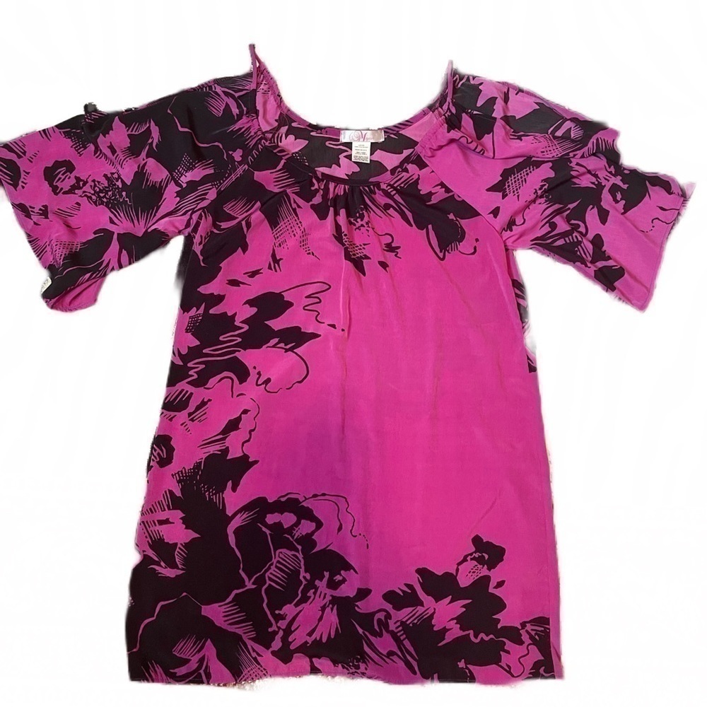 PINK and black floral cold shoulder short dress .